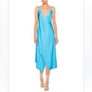 Sies Marjan Azure Blue 100% Silk Slip Dress Size 0 Asymmetrical Wrap Bodice Midi